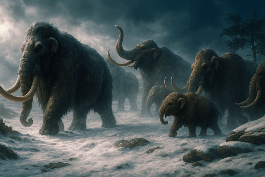 Стадо шерстистых мамонтов и детёныш идут по заснеженной тундре (Herd of Woolly Mammoths and a Calf Walk Across Snowy Tundra)