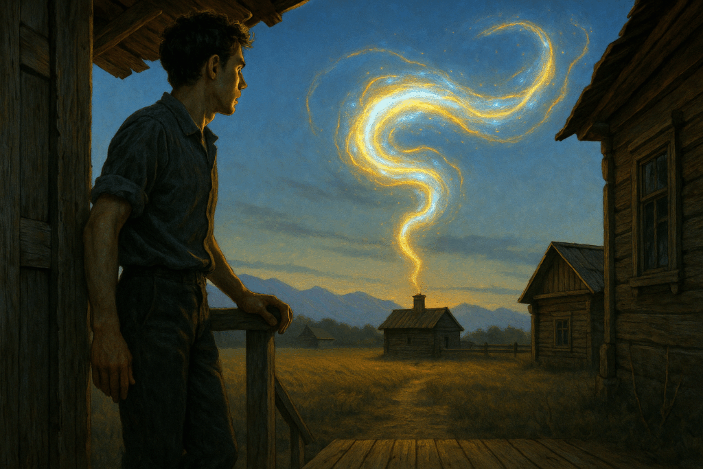 Вечер в селе Жемчуг, 1960-е, молодой человек наблюдает огненного змея, влетающего в трубу соседнего дома (Evening In Zhemchug Village, 1960s, Young Man Sees A Fire Serpent Enter Neighbor’s Chimney)