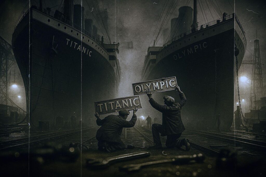 Лайнеры «Титаник» и «Олимпик» рядом на верфи, рабочие тайно меняют таблички с именами (Titanic and Olympic Side by Side at Shipyard with Workers Secretly Changing Nameplates)