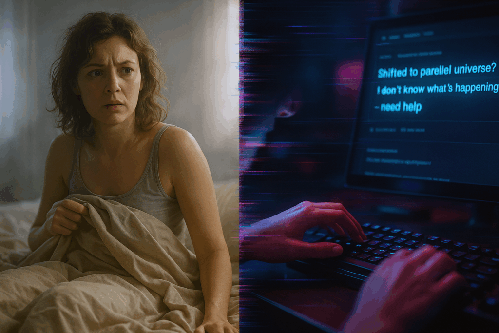 Женщина просыпается в незнакомой постели с растерянным лицом от сдвига в параллельную вселенную (Woman Wakes Up in an Unfamiliar Bed with a Confused Face from a Shift to a Parallel Universe)