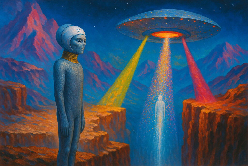 Пришелец рядом со своим кораблем, изображение связано с инцидентом в Перу в 1975 году (Alien Next to Spaceship Depicting 1975 Peru Incident)