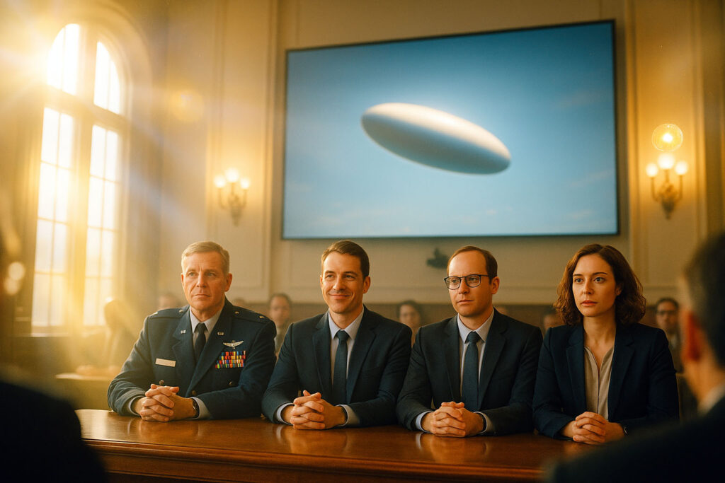 Солнечный зал Капитолия с экраном, показывающим НЛО (Capitol Sunlit Hall With a Screen Showing a UFO)