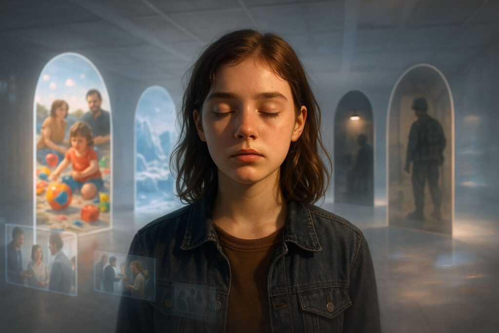 Иллюстрация девушки с гипертимезией, путешествующей во времени (Illustration of a Girl with Hyperthymesia Traveling Through Time)