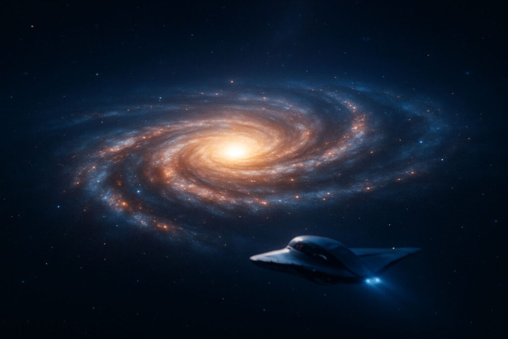 Млечный Путь издалека с футуристическим кораблём (Milky Way from Afar with Futuristic Spaceship)