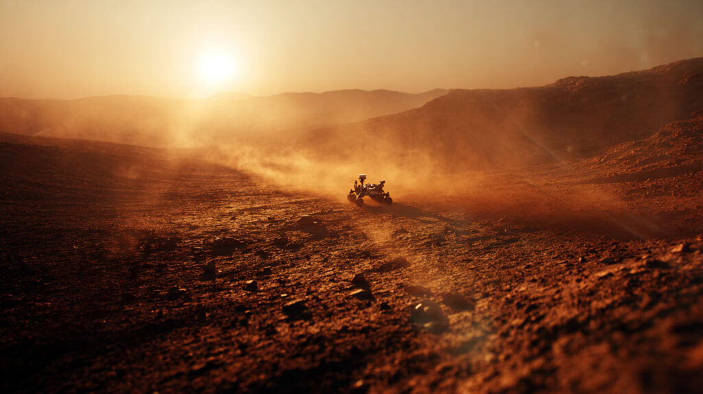 Марсоход «Perseverance» в кратере Езеро при закате (The Perseverance Rover in Jezero Crater at Sunset)