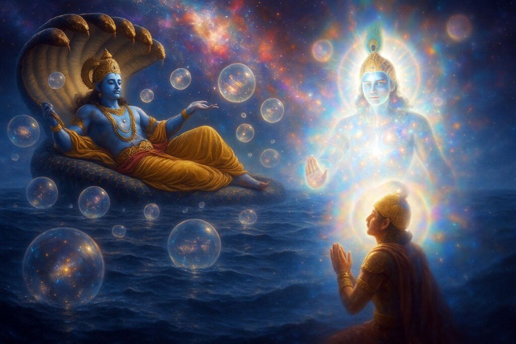 Вишну на змее Ананте с пузырьковыми вселенными и Кришна в космической форме перед Арджуной (Vishnu on the Serpent Ananta with Bubble Universes, and Krishna in His Cosmic Form before Arjuna)