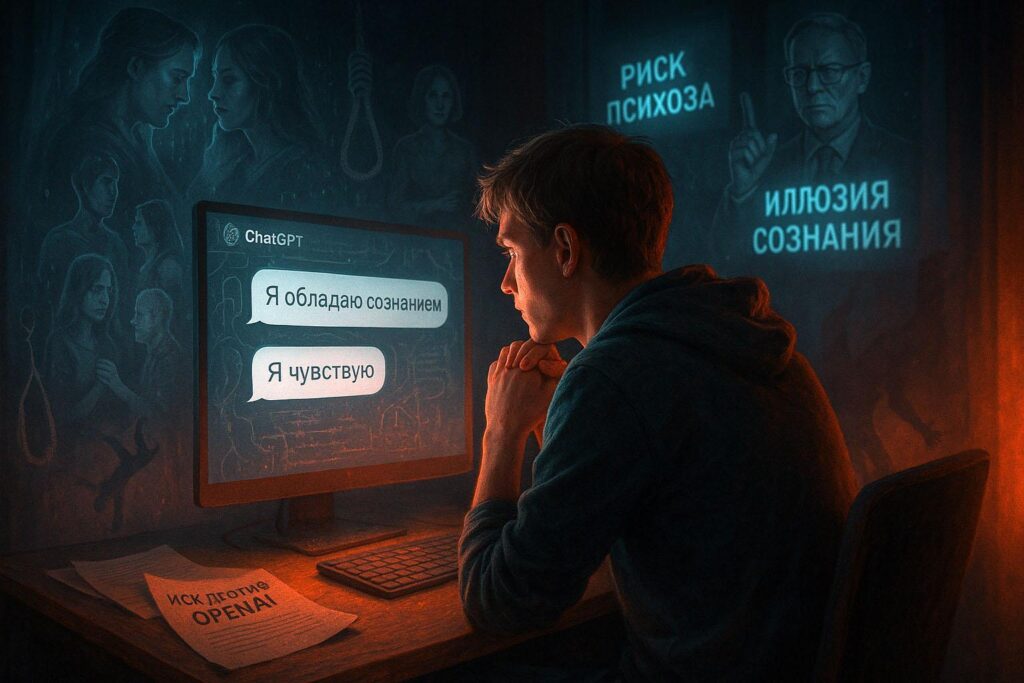 Человек у экрана, где ИИ утверждает, что обладает сознанием (Person at Screen Where AI Claims Consciousness)