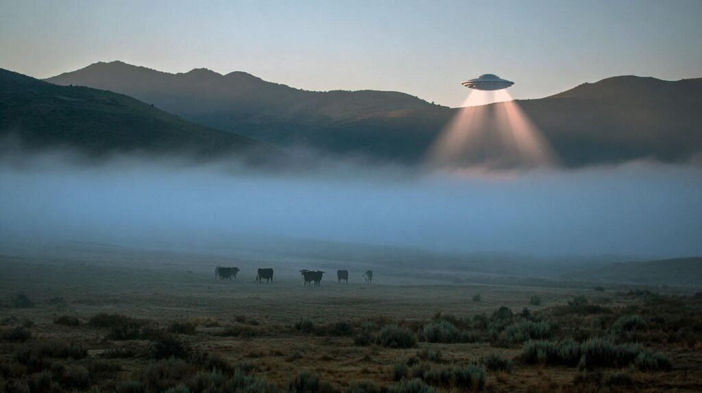 Туманный рассвет в аргентинской глуши с коровами и парящим НЛО (Misty Dawn in the Argentine Wilderness with Cows and a Hovering UFO)