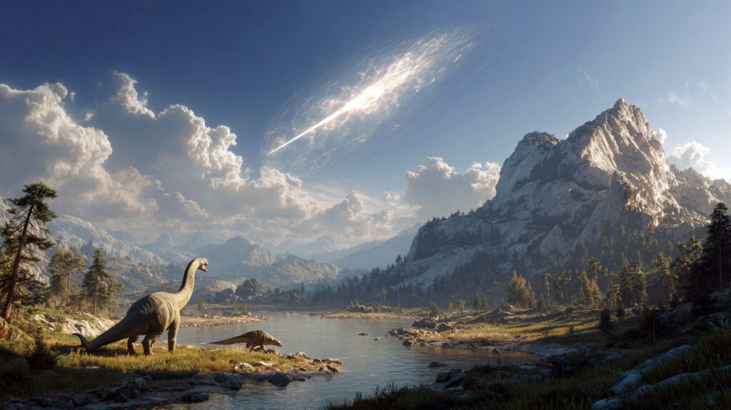 Группа динозавров смотрит вверх, как гигантский астероид пронзает небо (A Group of Dinosaurs Looks Up as a Gigantic Asteroid Streaks Across the Sky)