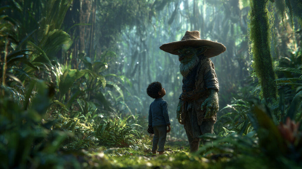 Гоблин Эль Дуэнде стоит рядом с гондурасским мальчиком (Goblin El Duende Stands Beside a Honduran Boy)
