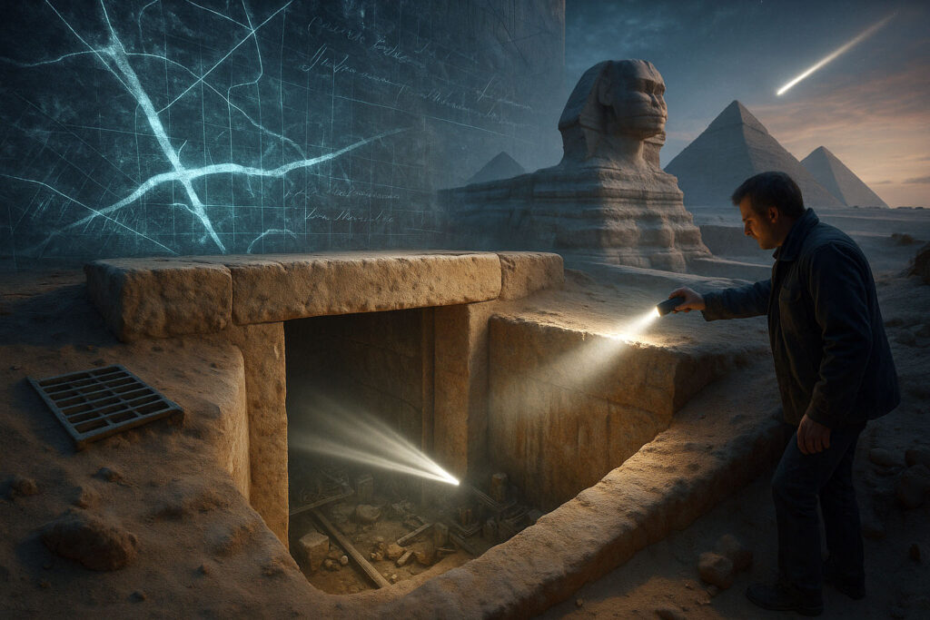 Вход в Т-образный туннель шахты Гизы, закрытый металлической решёткой (Entrance to the T-Shaped Tunnel of the Giza Shaft, Secured by a Metal Grille)