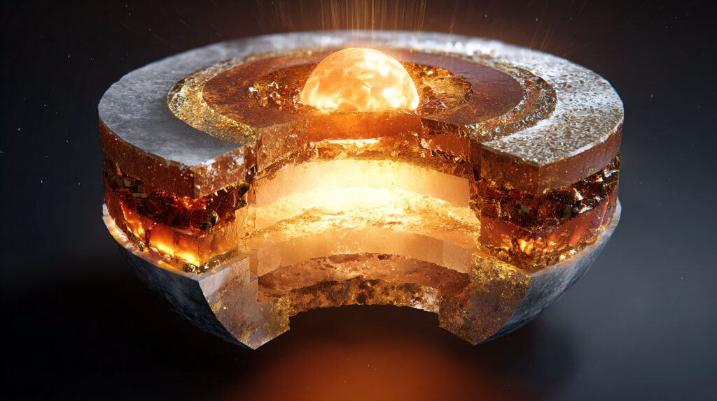 Сечение Земли, показывающее многослойное ядро в виде светящейся луковицы (Cross-Section of the Earth Showing a Multilayered Core in the Form of a Glowing Onion)