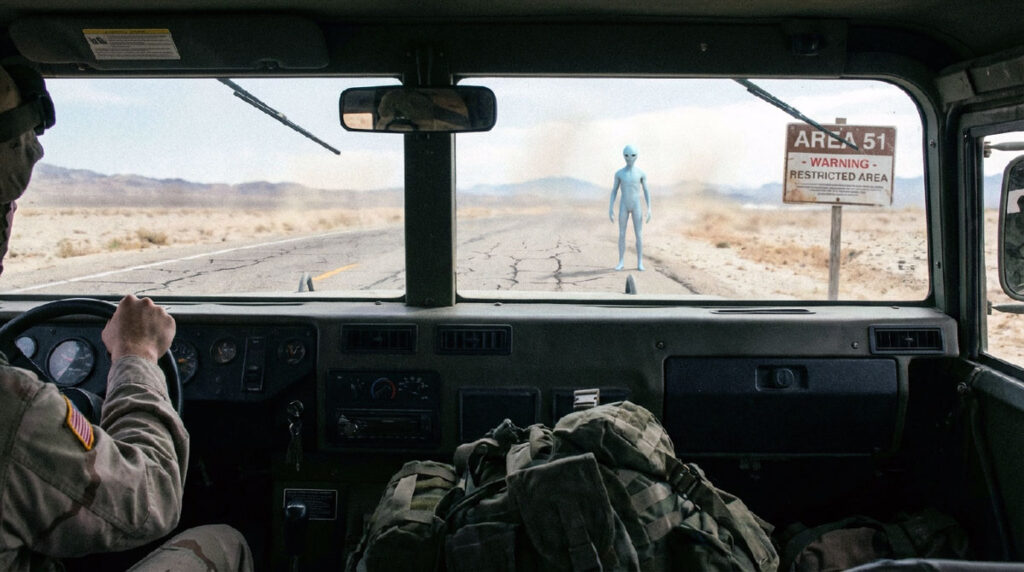 Странная голубая фигура на дороге в пустыне Невада (A Strange Blue Figure on a Road in the Nevada Desert)