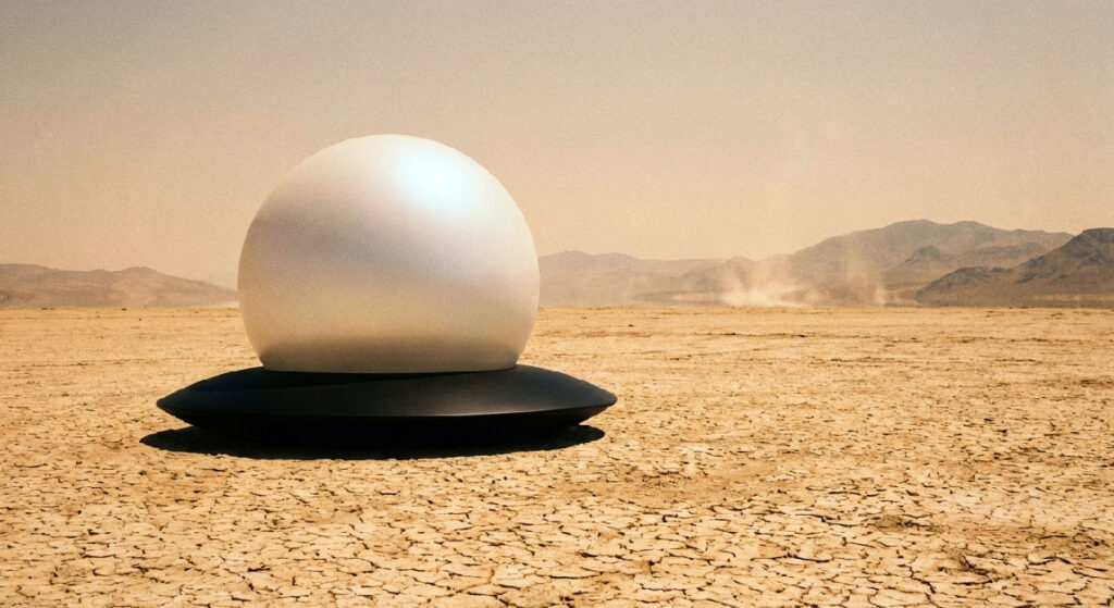 Белая яйцевидная кабина на плоском черном диске в пустыне Невада (A White Egg-Shaped Cabin on a Flat Black Disc in the Nevada Desert)