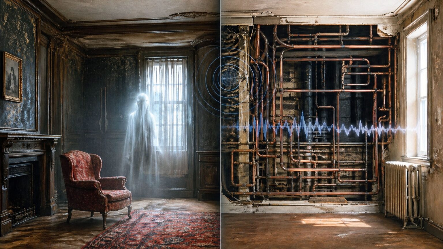 Сравнение призрака и реальной причины — вибраций труб (Split Scene Showing Ghost Illusion Versus Vibrating Pipes Cause In Dramatic Cinematic Lighting With Scientific Detail)